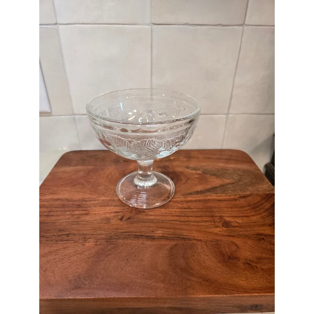 Vintage French Clear Pressed Glass Footed Dessert Coupe Embossed Leaf Berry Bowl